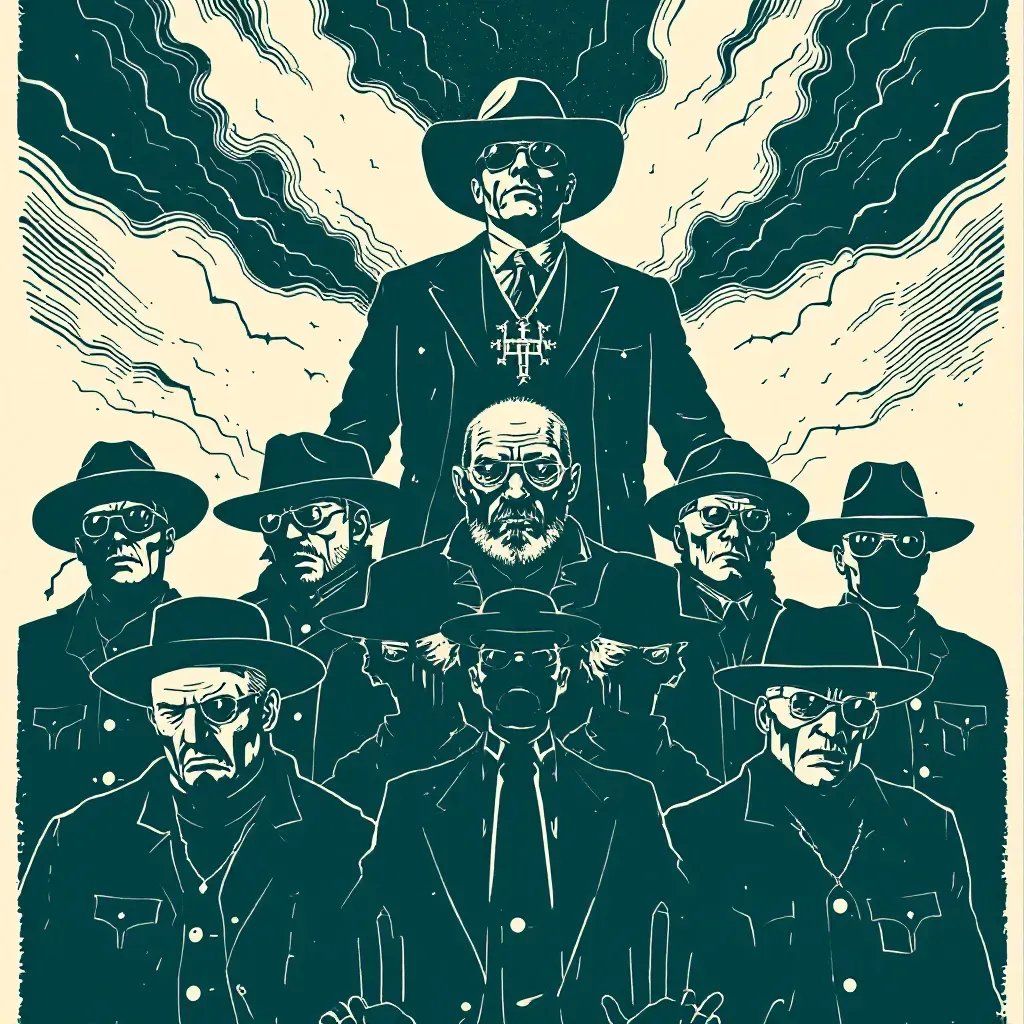 A hierarchy of criminal leaders, with a powerful gang leader at the top orchestrating hidden network operations, surrounded by intermediaries, illustrating the complexity and elusiveness of dismantling organized crime.