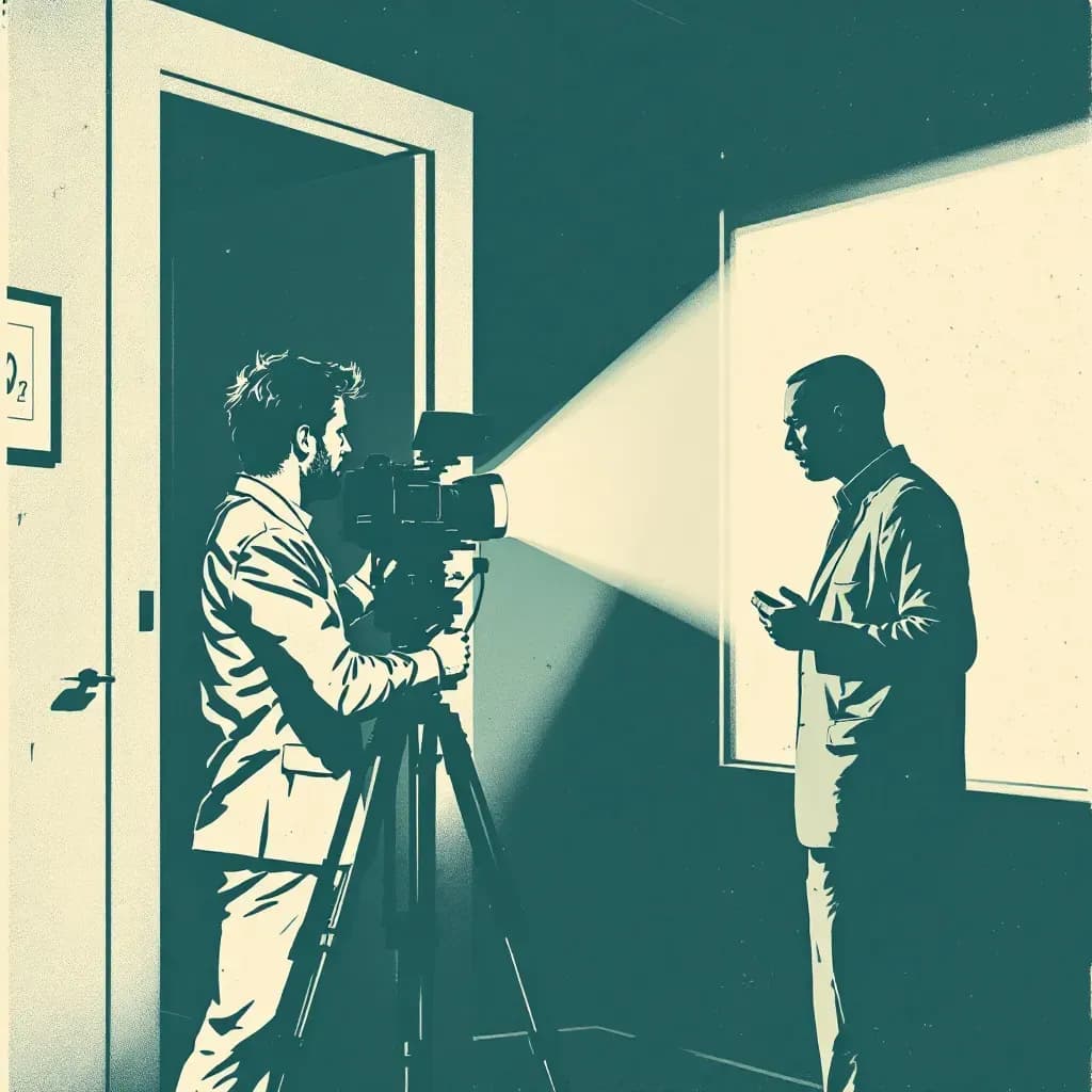 Reality TV camera on set, capturing a dramatic incident, later reviewed by investigators as crucial evidence in a true crime case.
