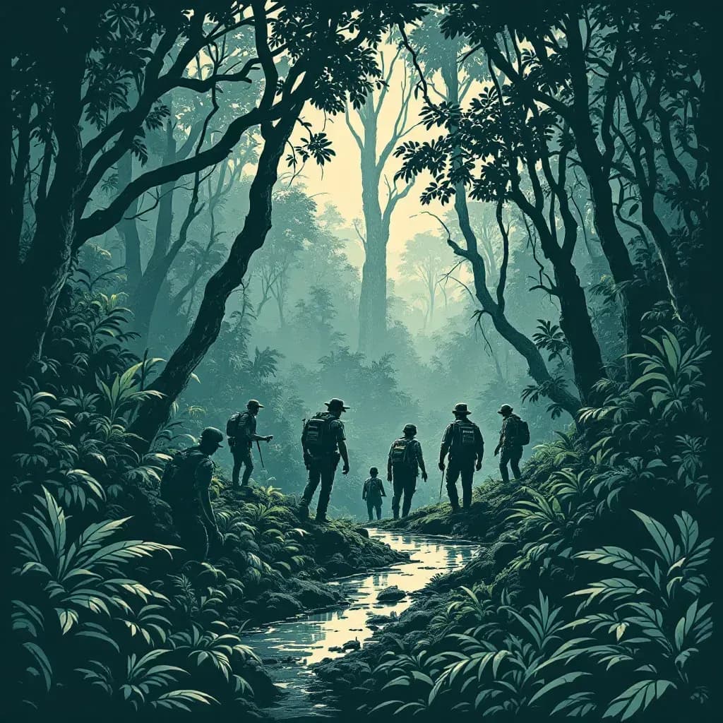 Dense rainforest with concealed makeshift drug laboratories, hidden illegal mining operations, and law enforcement navigating challenging terrain in an attempt to investigate unsolved brutal crimes.