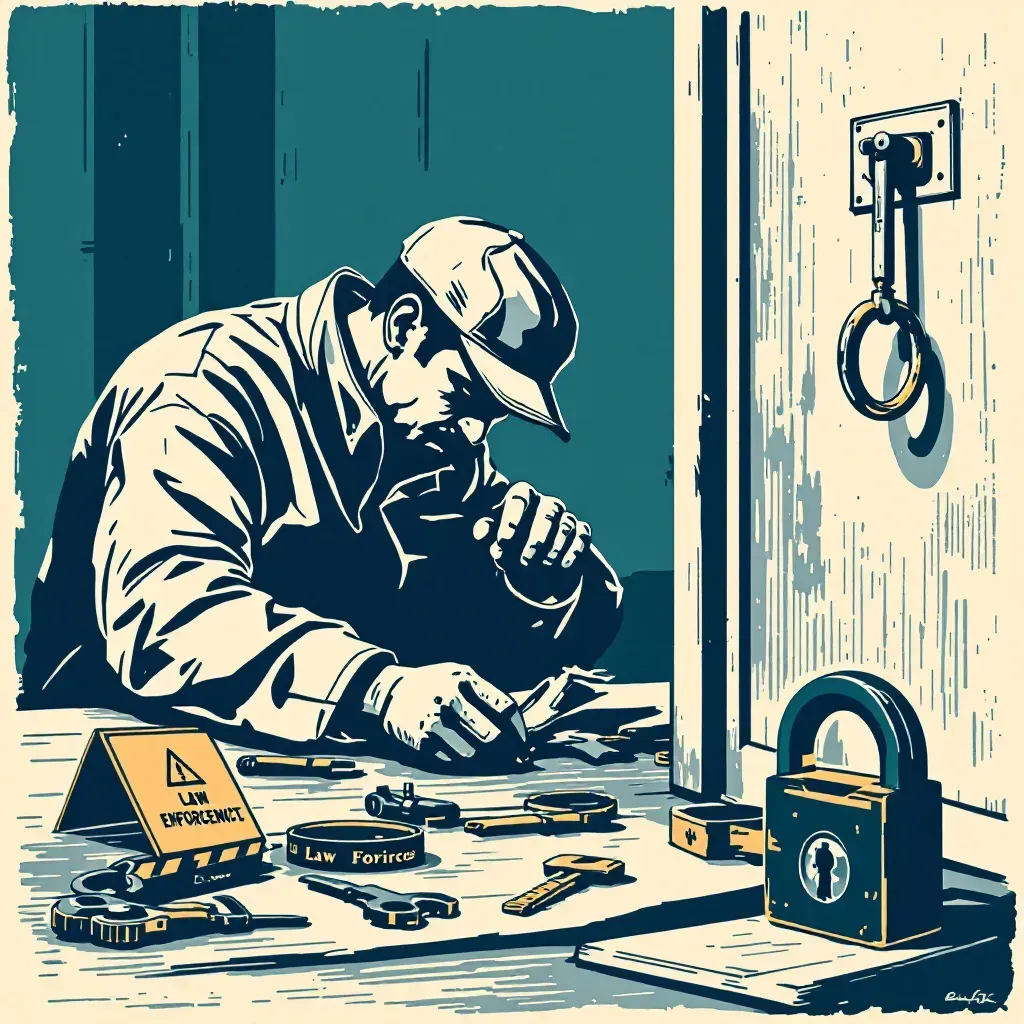 A locksmith skillfully picking a lock, surrounded by burglary tools and law enforcement evidence markers, illustrating the dual role as both a security provider and potential aid to criminals.