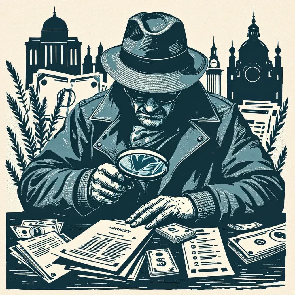 A detective analyzing a diverse collection of currency, bank records, and digital transaction logs; a magnifying glass hovering over highlighted monetary exchanges, representing the investigation of financial motives and trails in crime.