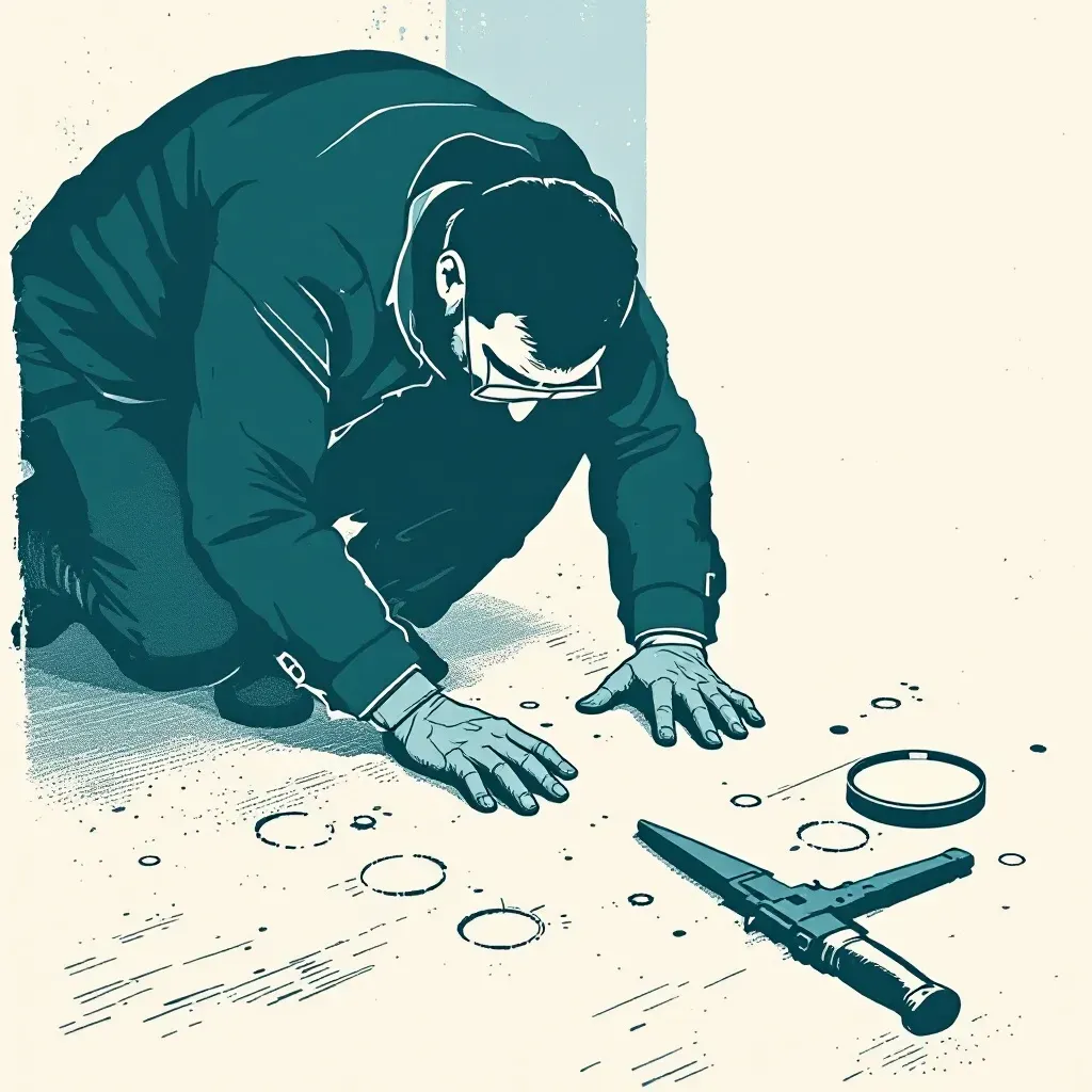 An investigator examines a crime scene with circled areas on the ground, looking for evidence with a magnifying glass, and a recovered weapon nearby symbolizing attempted murder and intent.