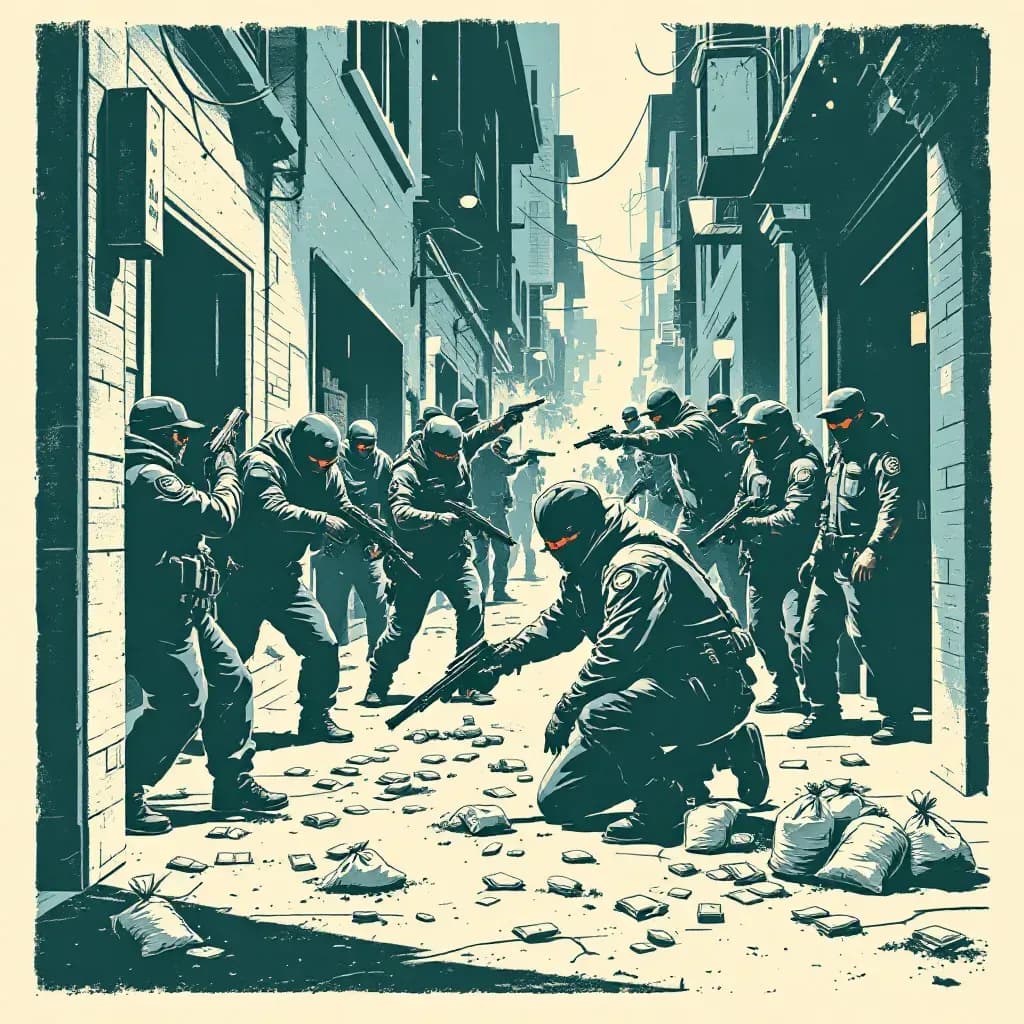 A chaotic urban scene depicting armed gang members clashing in a dark alley, surrounded by small bags of powdered substances and cash, with police investigators examining evidence nearby.