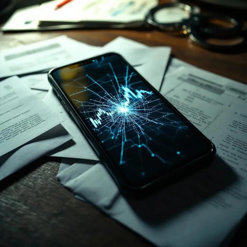 Knust smartphone med faldende kryptokurs, dokumenter og håndjern på et skrivebord
