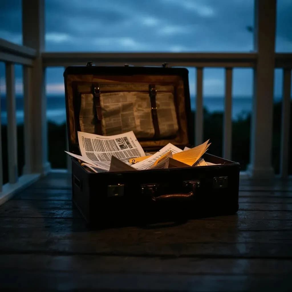 Slidt lædertaske åben på en veranda ved Cape Cod i skumringen med papirer og havet i baggrunden