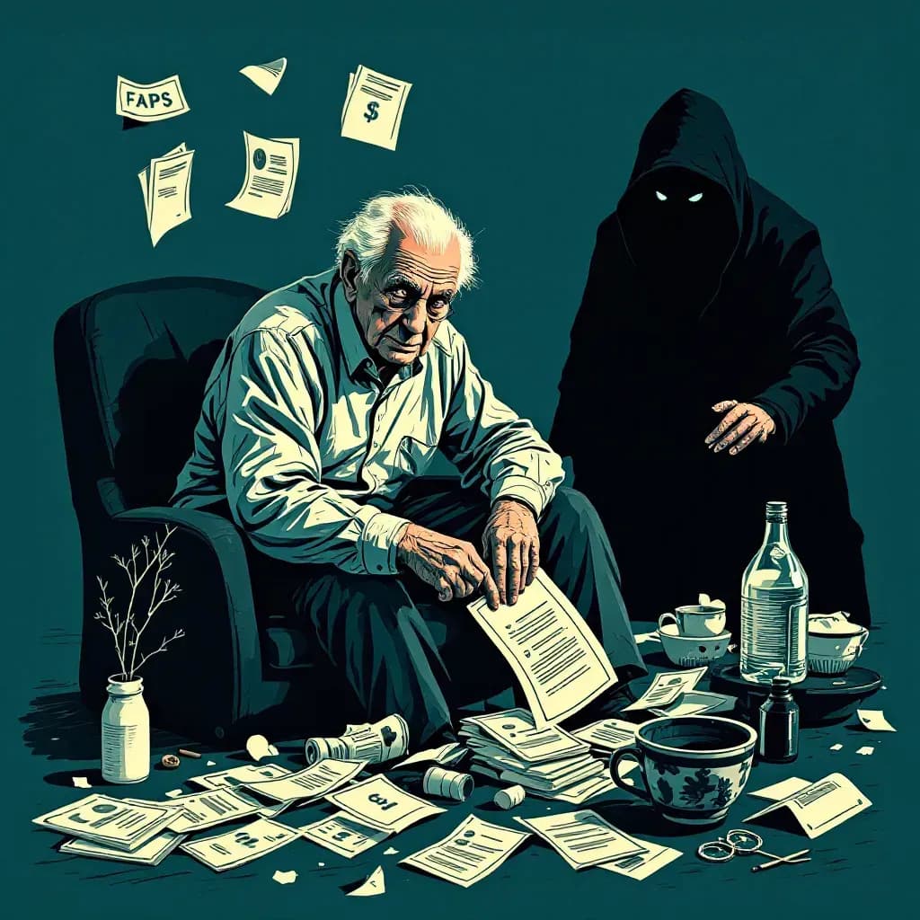 An elderly person surrounded by broken items and scattered financial documents, while a shadowy figure lurks nearby, hinting at vulnerability and crime targeting the elderly.
