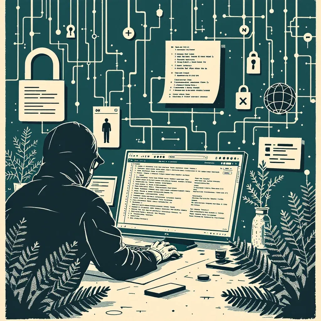 A digital scene depicting a hacker accessing sensitive data by cracking passwords on a computer, with abstract representations of cybercrime such as interconnected network nodes and binary code, and law enforcement analyzing digital evidence.