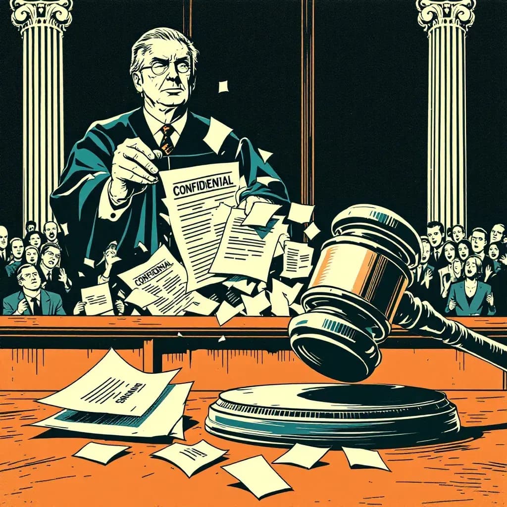 A courtroom scene with a judge's gavel, confidential documents being shredded, and a crowd reacting in disbelief, symbolizing power abuse, cover-ups, and public revelation.