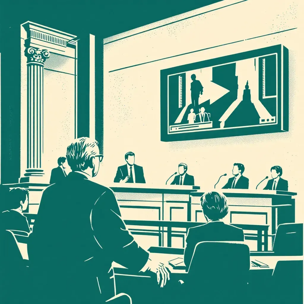Scene of a courtroom featuring a judge, lawyers, and a jury, with a digital screen prominently displaying video footage, symbolizing the pivotal role of video evidence in legal proceedings.