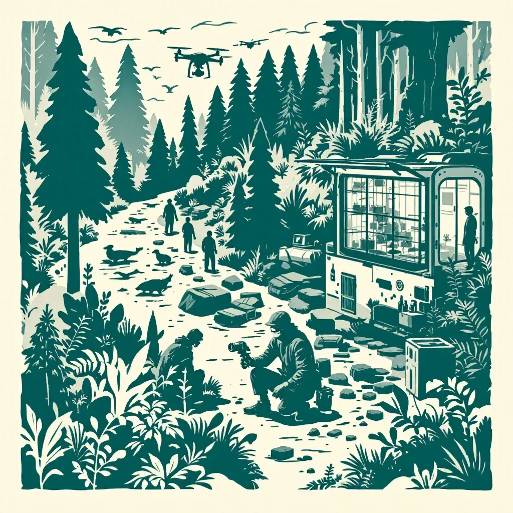 Illegal waste dumping in a forest, endangered species in cages, investigative team using drones and microscopes in a mobile lab, network diagrams showing organized environmental crime.