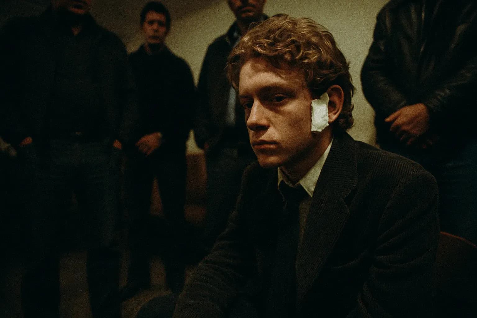 A figure resembling John Paul Getty III, a bandaged ear, sitting solemnly in a dimly lit room, surrounded by anonymous figures, a subtle nod to the 'Ndrangheta's influence in the cocaine trade.