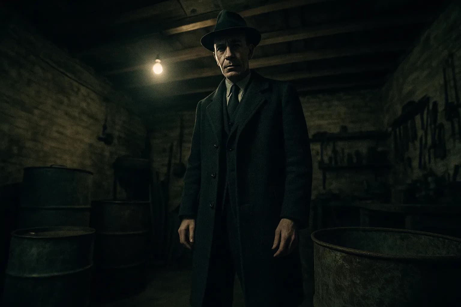 A figure resembling John George Haigh stands in a dimly lit workshop in Crawley, surrounded by industrial containers and tools, where the Henderson couple met their fate.