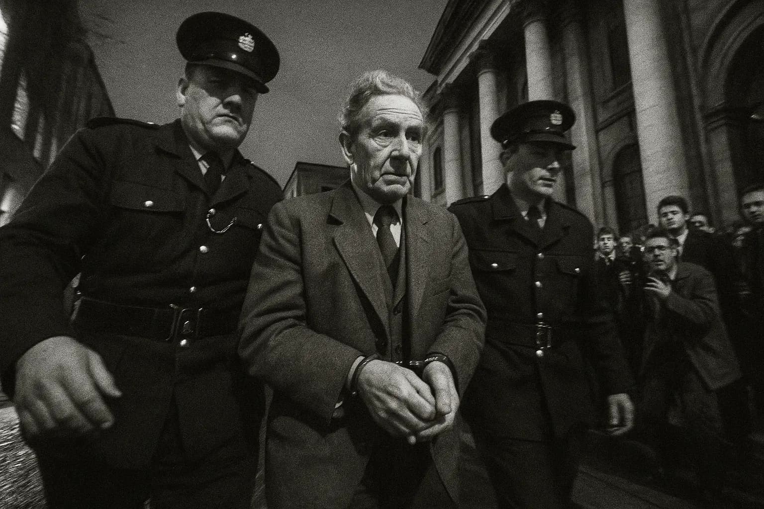 A figure resembling Alfred Hinds, handcuffed, being escorted by police outside Dublin courthouse, onlookers and journalists gathering around in the background.