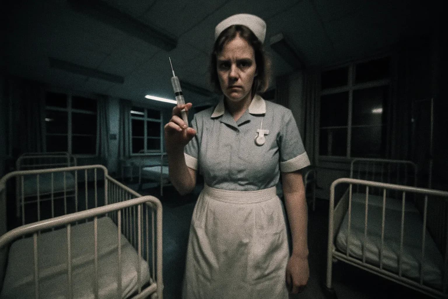 A figure resembling Beverly Allitt, wearing a nurse's uniform, stands in a dim hospital ward at Grantham, holding a syringe with a chilling demeanor amidst empty child-sized beds.