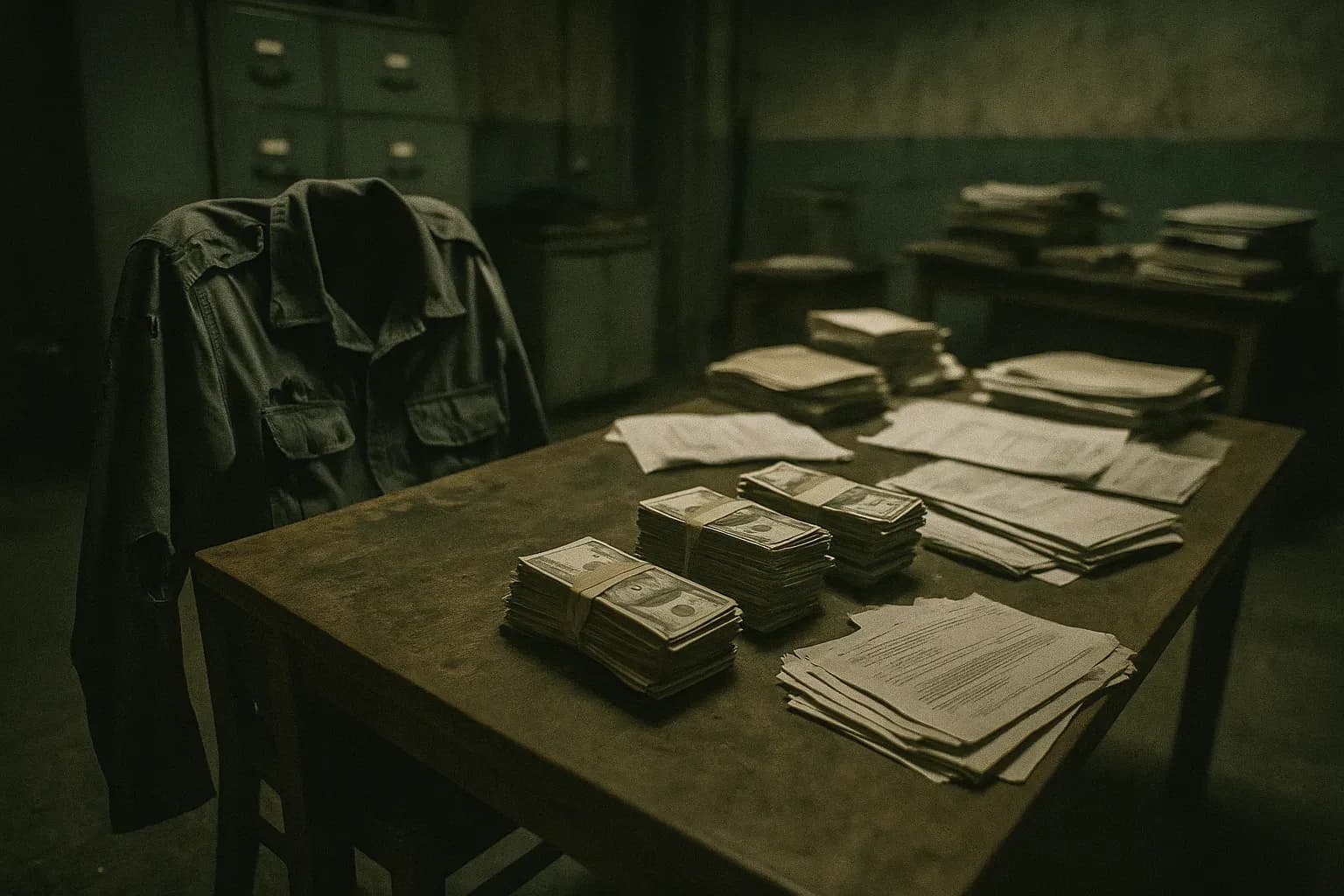 A tattered police uniform hangs over a makeshift desk in a dimly lit office, surrounded by stacks of cash and documents, symbolizing Brazil's deep-rooted police corruption and ties with organized crime.