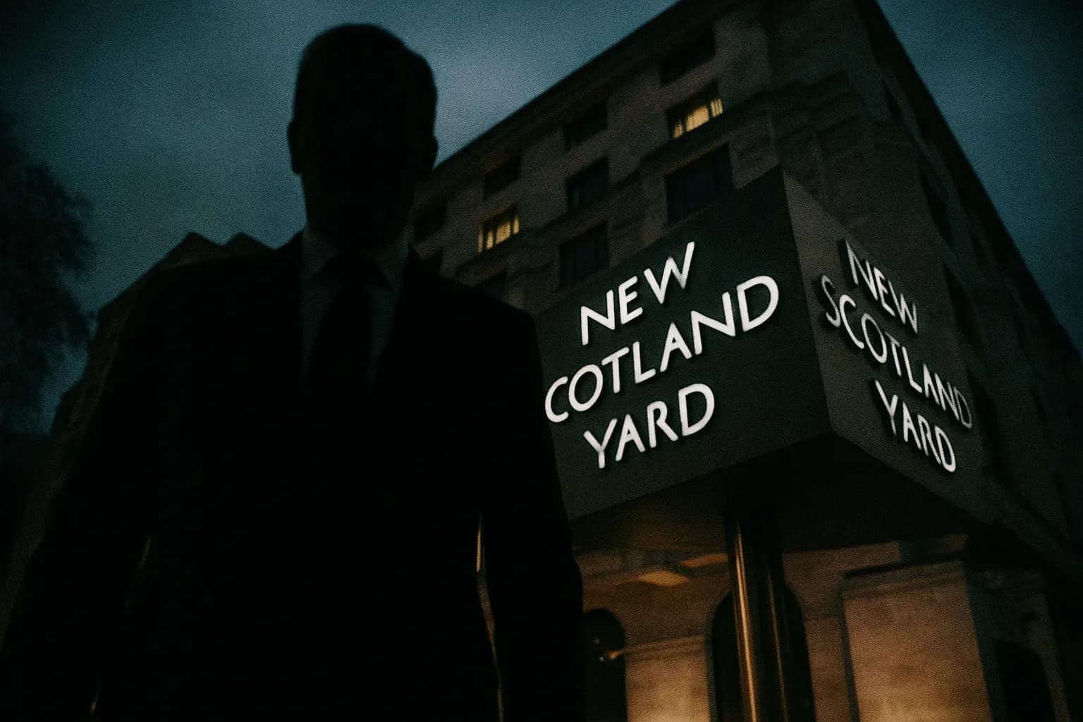 A figure resembling Terry Adams, a shadowy figure in a suit, stands in front of Scotland Yard's iconic revolving sign, symbolizing the deep infiltration of corruption within the system.