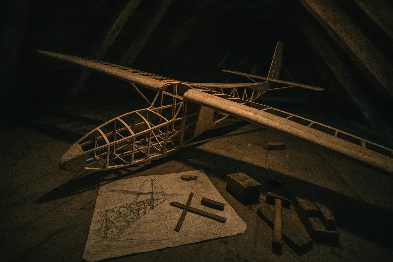 A partially-assembled wooden glider hidden in the attic of Colditz Castle, surrounded by makeshift tools and plans, remnants of a daring escape attempt by Allied prisoners during World War II
