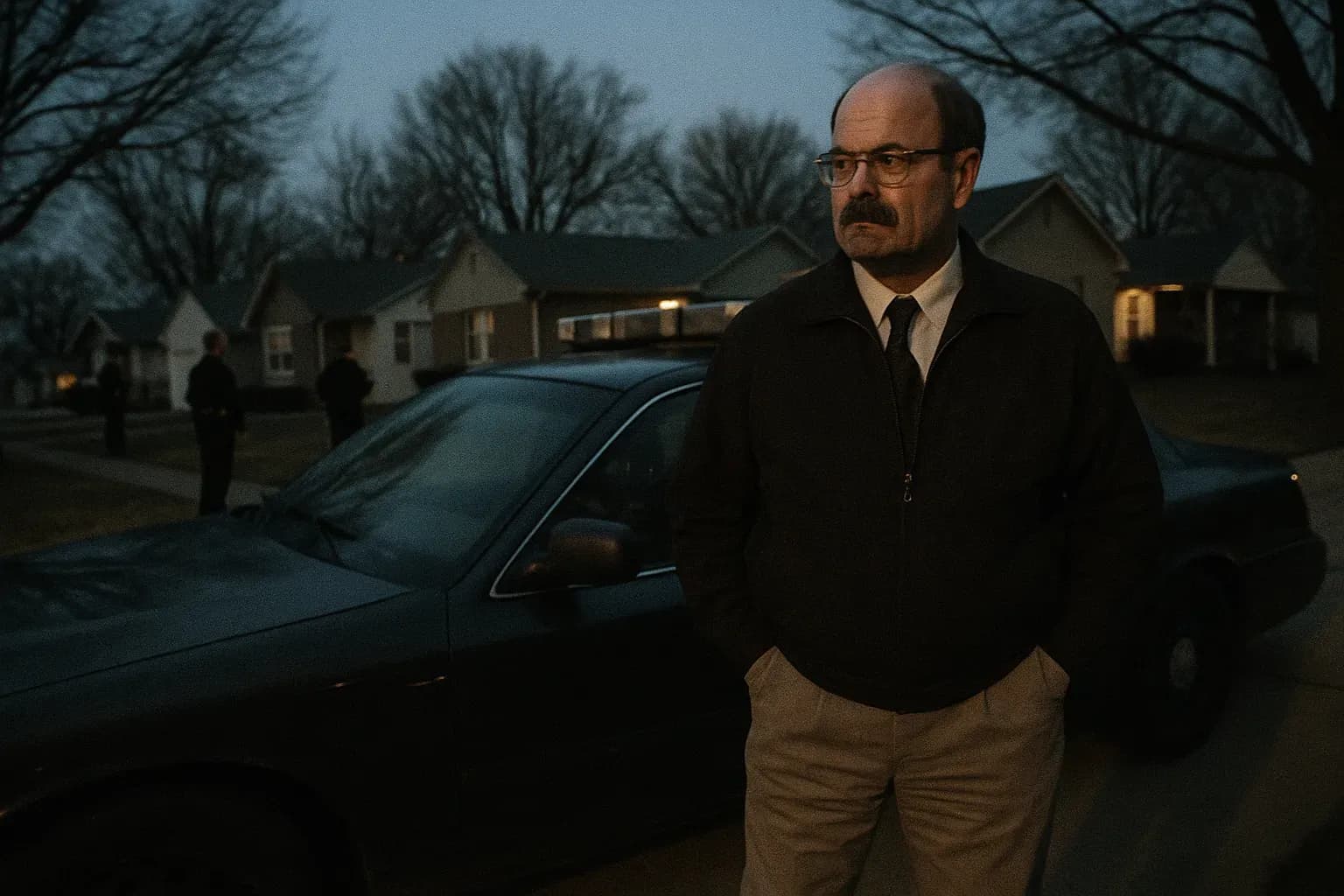 A figure resembling Dennis Rader stands in a suburban Wichita neighborhood, next to an unmarked police car, as officers discreetly observe nearby homes.