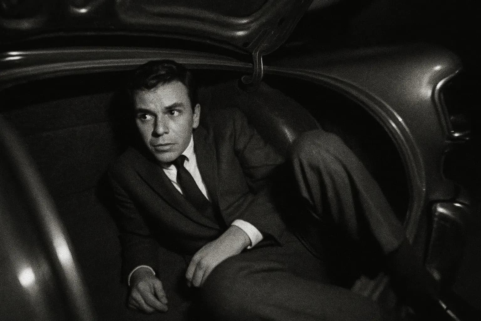 A figure resembling a young Frank Sinatra Jr. sits in the dim interior of a luxury car trunk, looking tense and alert, symbolizing his 1963 kidnapping ordeal.