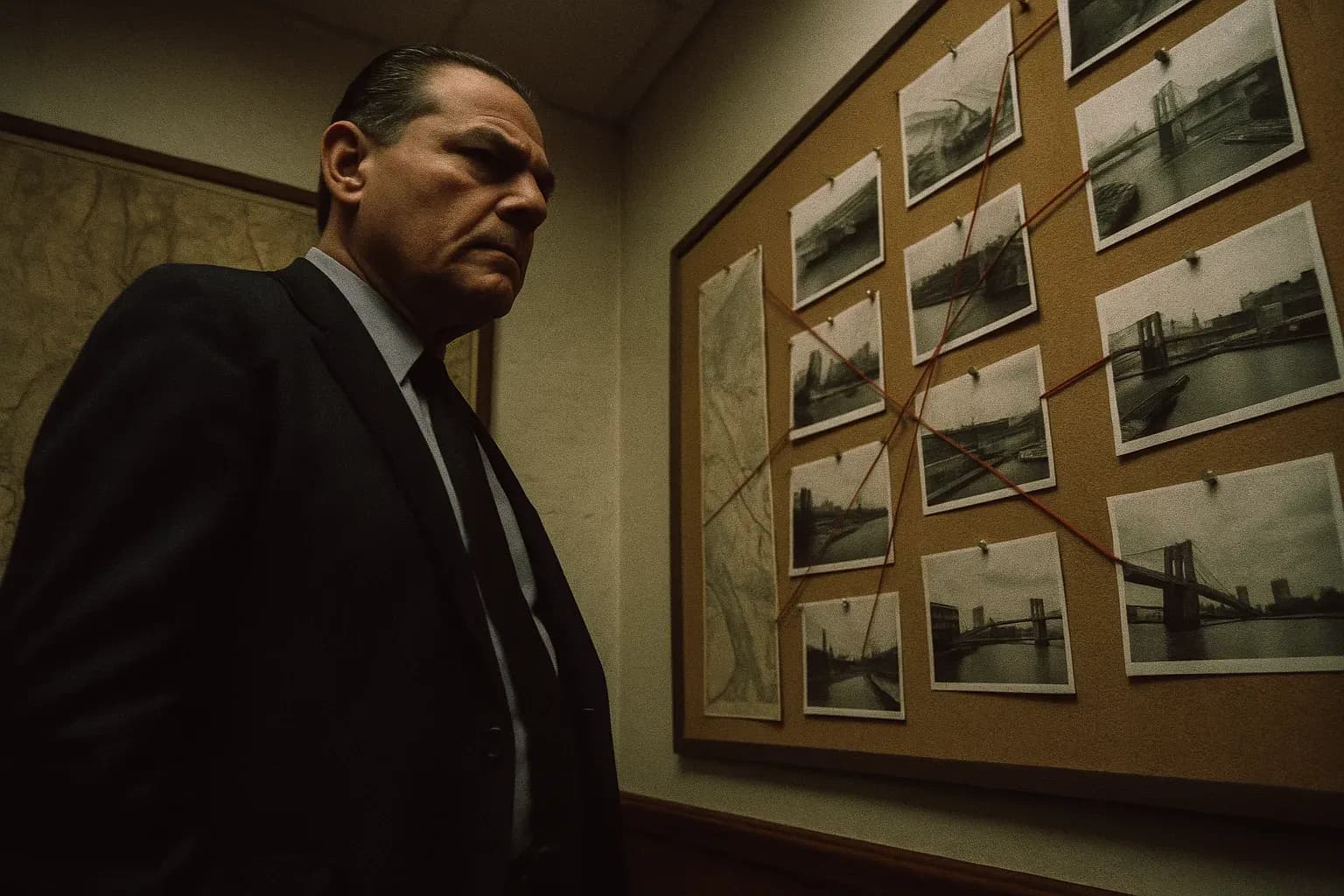 A figure resembling Liborio Bellomo stands in an office adorned with aged maps of New York's waterfront, looking intently at a large board displaying connecting lines and photographs of key locations.
