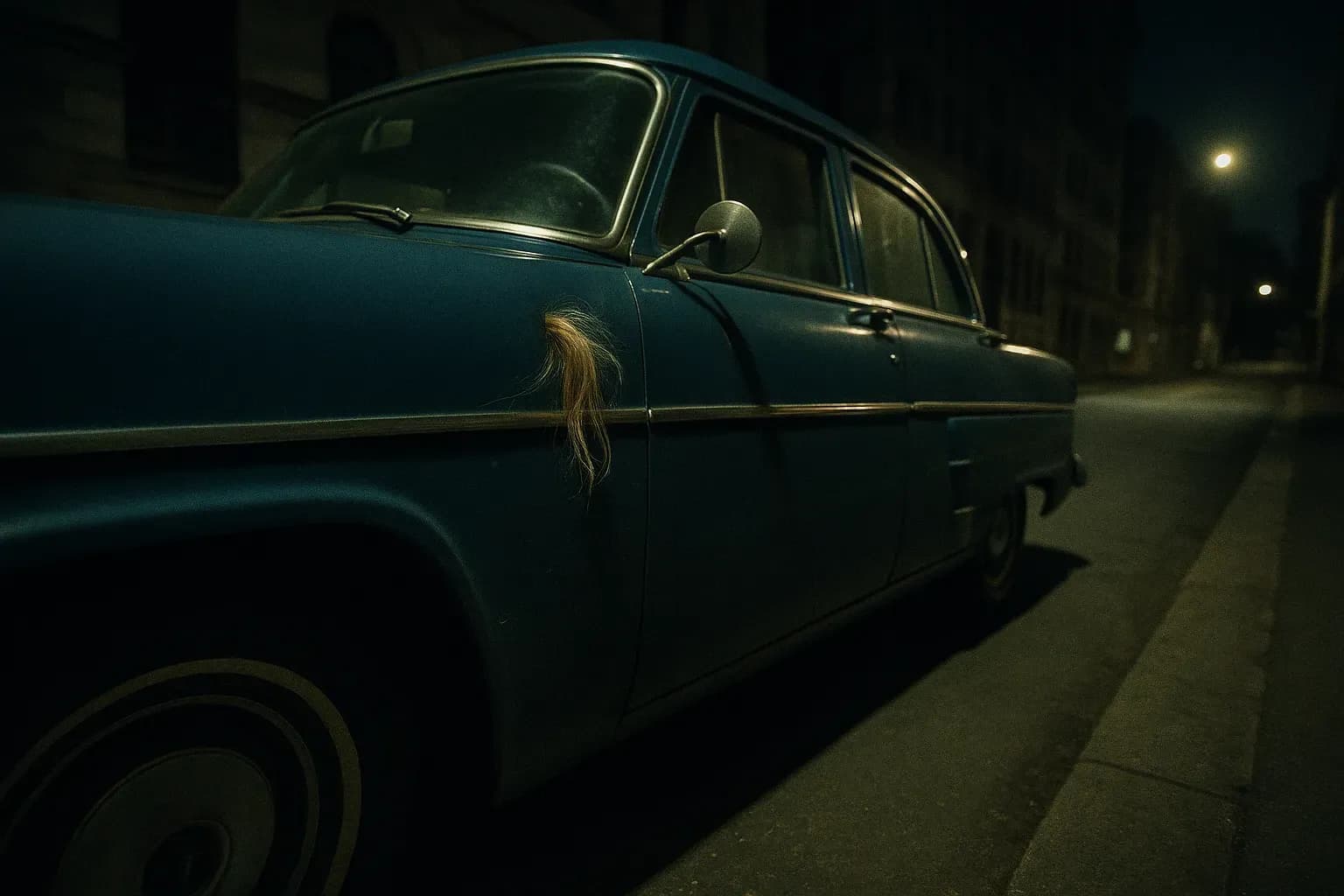 A blue Ford Customline parked on Edward Street with a distinct tuft of hair caught in the door's edge, symbolizing the chilling encounter between Graeme Thorne and Stephen Leslie Bradley.