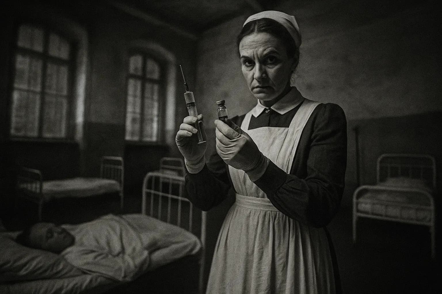 A figure resembling Jane Toppan stands in a nurse's uniform beside a hospital bed, holding a vial and syringe, her expression masked in a chilling mix of empathy and intent in a 19th-century hospital setting.