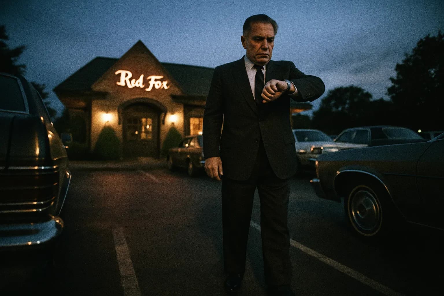 A figure resembling Jimmy Hoffa stands outside the Machus Red Fox restaurant in the evening light, glancing at his watch, surrounded by parked cars, symbolizing the moment before his disappearance on July 30, 1975.