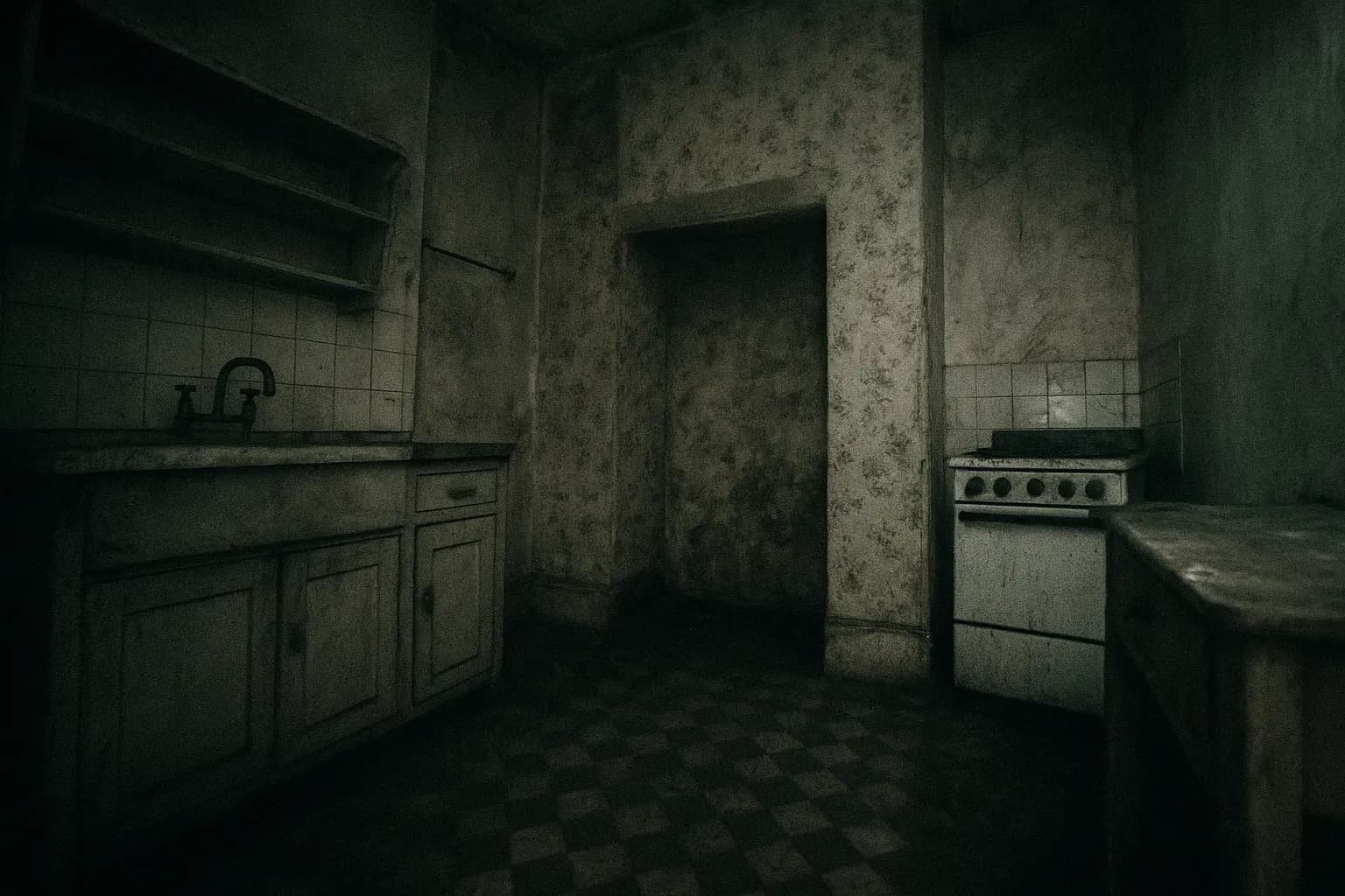 A run-down kitchen at 10 Rillington Place, with a concealed alcove behind a faded wallpapered wall, hinting at the dark secrets of John Christie's gruesome murders, silently testifying to his reign of terror in London.