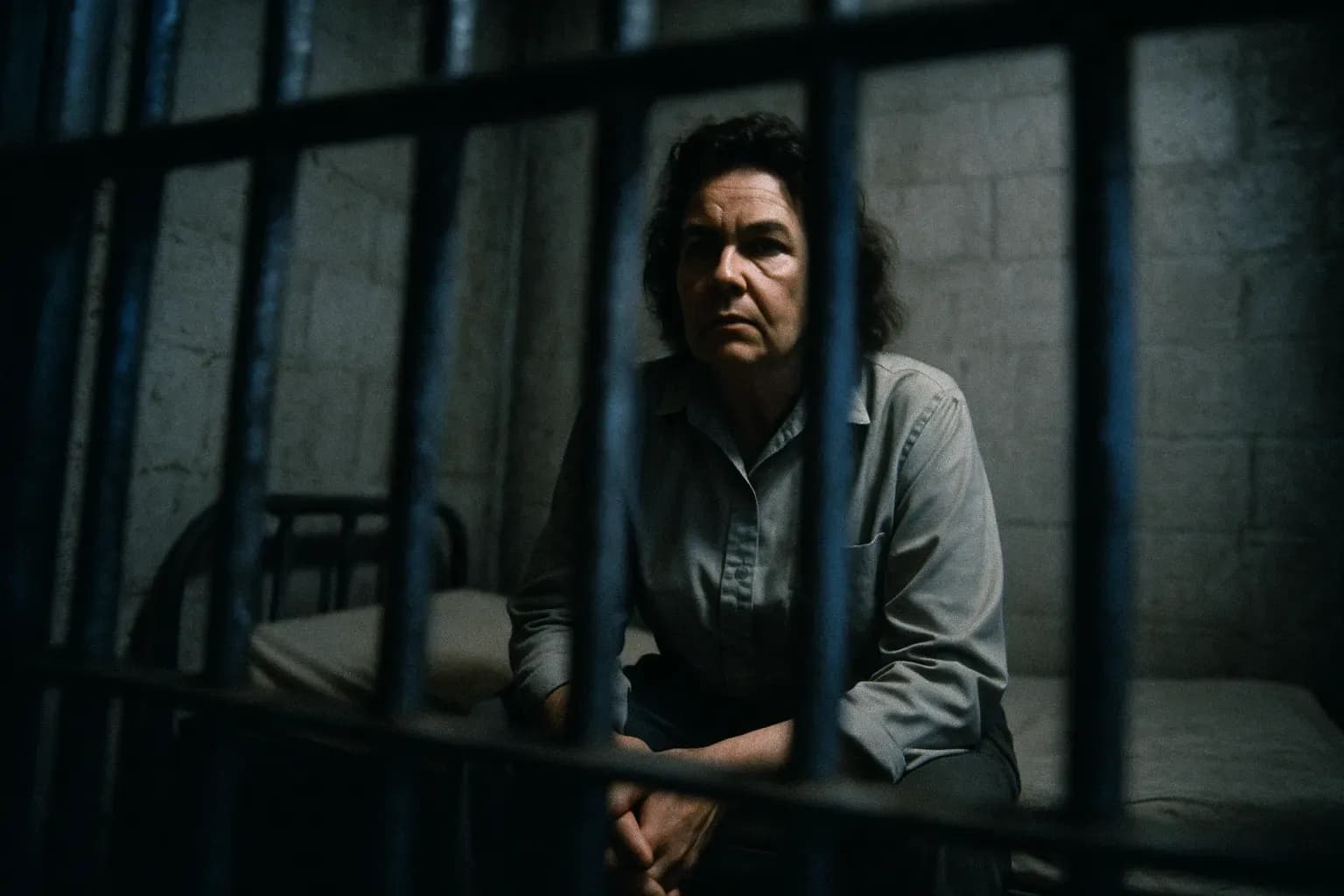 A figure resembling Judy Buenoano stands in a dimly lit prison cell, the worn bars casting shadows across her face, as she sits silently on a small metal bed, reflecting on her crimes.