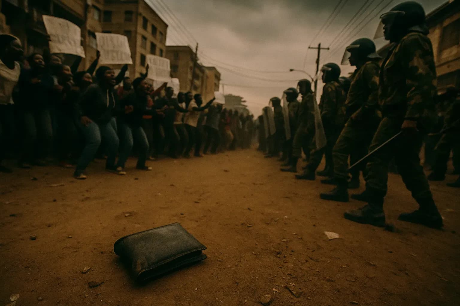 A dusty street in Nairobi, where a crowd of protesters confronts police officers. Placards demand justice for extrajudicial killings. A worn decoy wallet lies on the ground, symbolizing street-level extortion struggles.