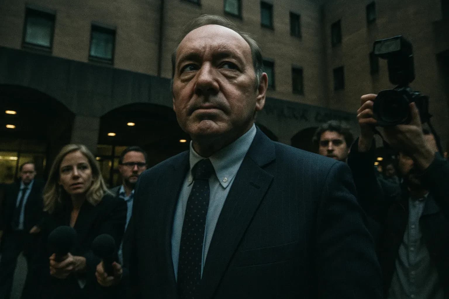 A figure resembling Kevin Spacey stands outside Southwark Crown Court, surrounded by reporters and onlookers, as he leaves after his acquittal, a look of relief and contemplation on his face