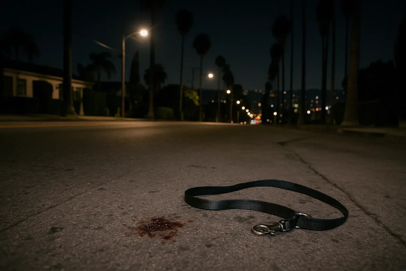 A quiet Hollywood street at night, a leash lying on the ground near where Lady Gaga's dog walker was shot, with a small amount of blood on the pavement, and the city lights in the background.