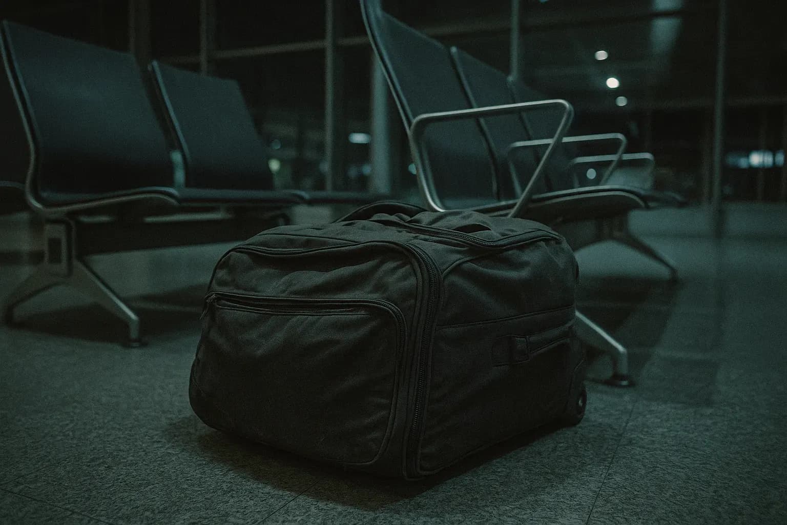 A disheveled suitcase lies abandoned next to a row of airport chairs at Varna Airport, symbolizing the mysterious disappearance of Lars Mittank.