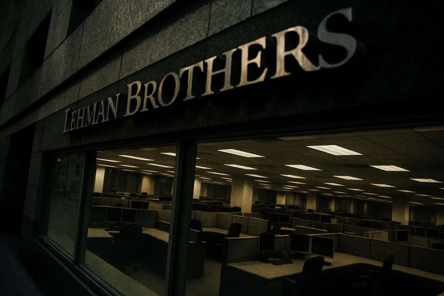 A Wall Street office with a prominent Lehman Brothers sign, empty desks visible through glass, symbolizing the massive bankruptcy and its role in the 2008 financial crisis
