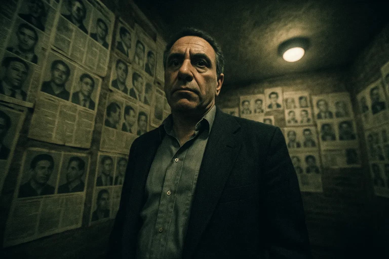 A figure resembling Anthony Casso stands in a dimly lit room filled with old newspaper clippings and mugshots on the walls, a silent testament to the Lucchese family's violent legacy in New York's underworld.