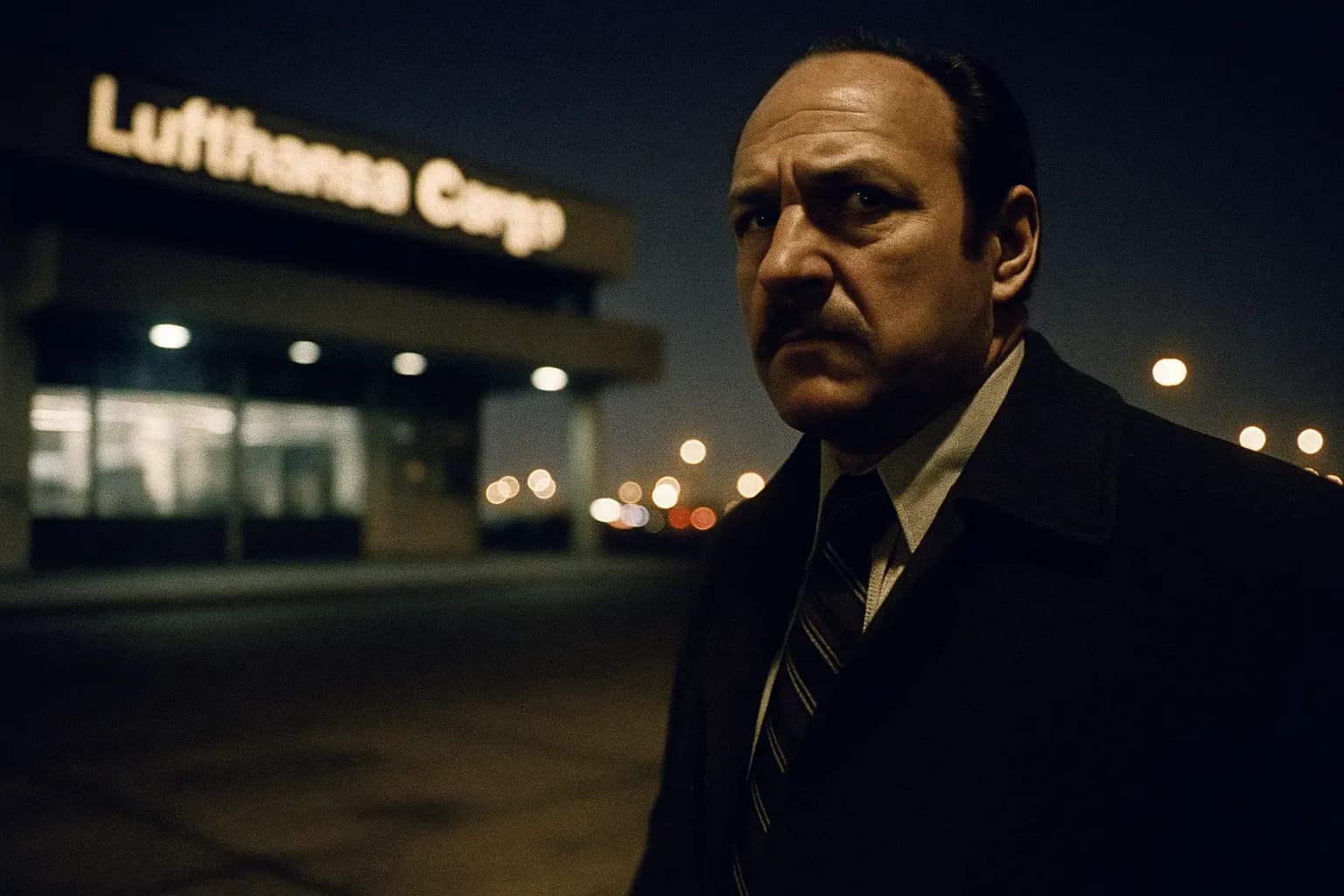 A figure resembling Jimmy Burke stands outside the Lufthansa cargo terminal at JFK, gazing intently, with blurred airport lights in the background, evoking the scene of his historic 1978 heist.