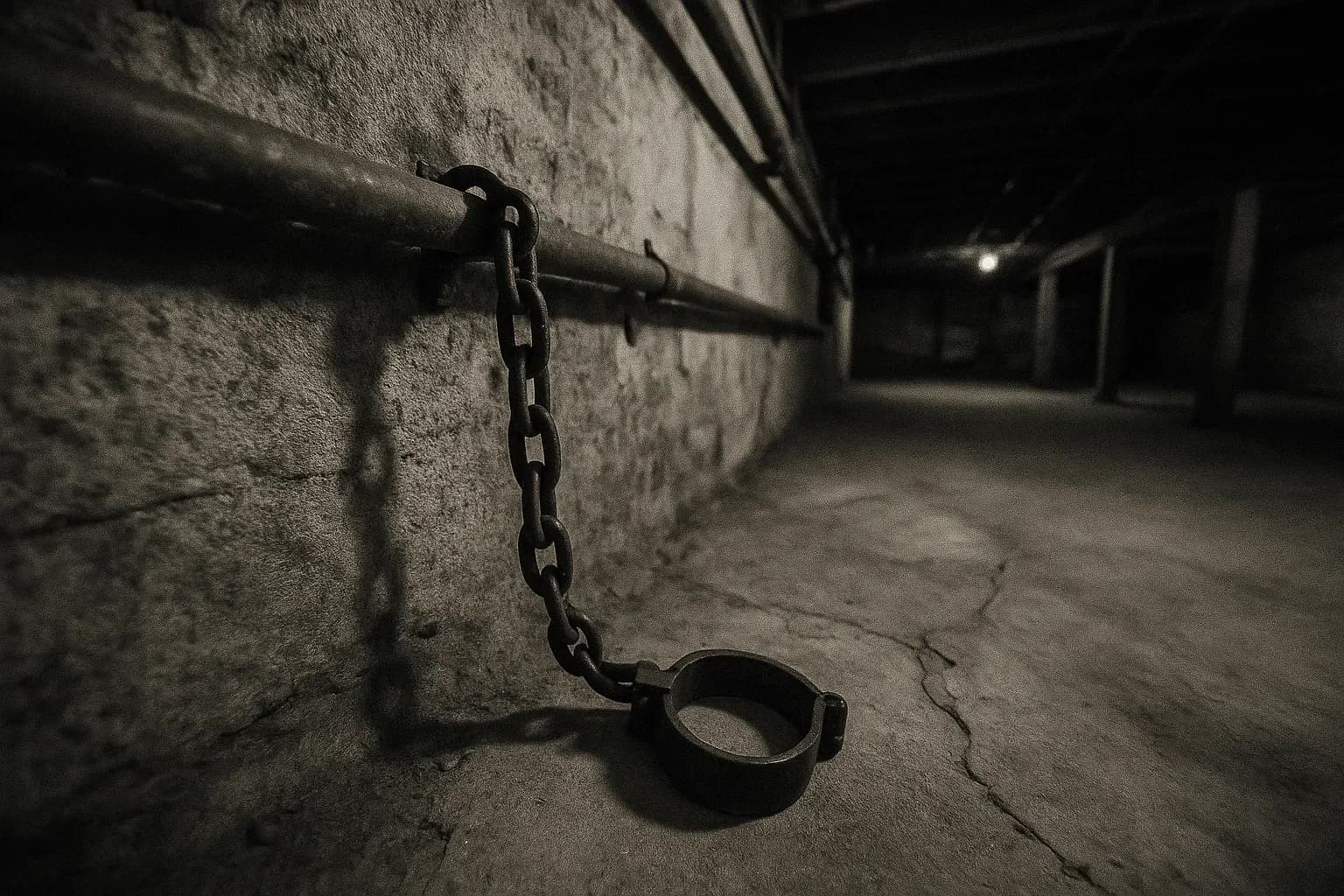 A basement in Shawnee, Kansas, with a worn chain and shackle attached to a metal pipe, symbolizing the captivity and conflicting loyalties in the Mary McElroy kidnapping case.