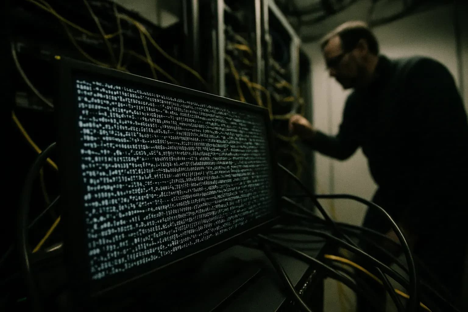 A compromised Microsoft Exchange server displays a terminal screen filled with cryptic code, cables snaking out as a technician in the background examines the setup, symbolizing the widespread impact of the 2021 Hafnium cyberattack.