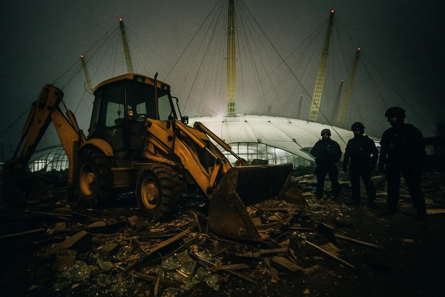 A JCB digger rests outside the Millennium Dome, surrounded by piles of debris and shattered glass, as police officers in tactical gear stand nearby, evidence of the foiled £200m diamond heist.
