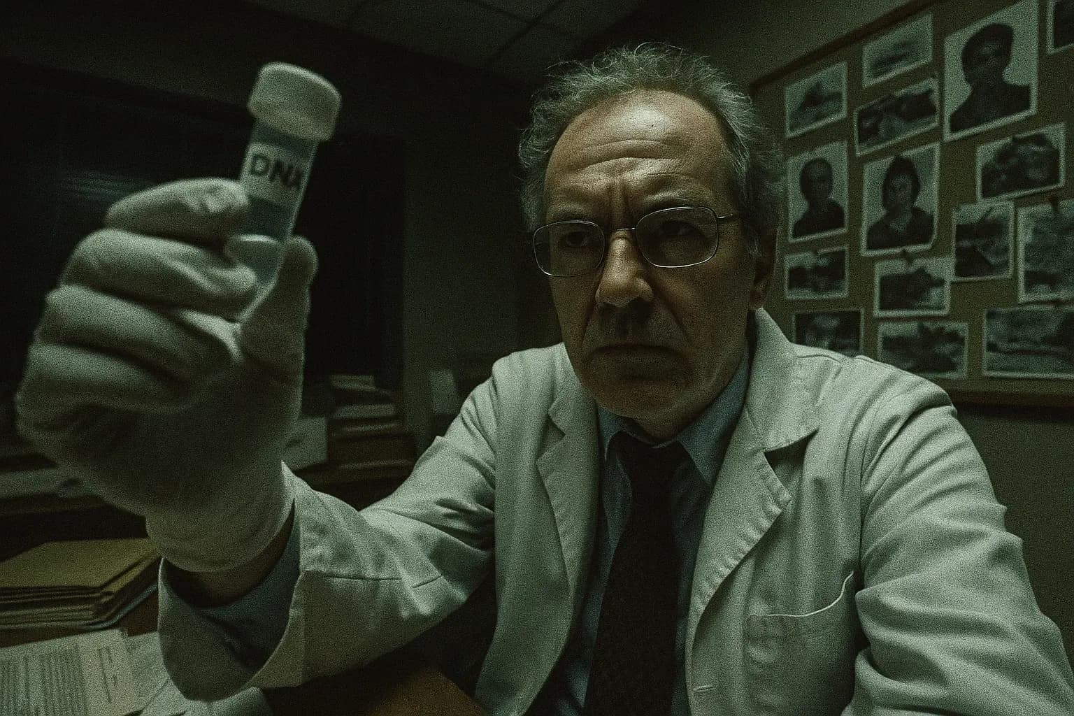 A figure resembling Dr. Iovino holds a DNA evidence vial in a dim forensic lab, surrounded by files and photos related to the Monster of Florence investigation, symbolizing the potential breakthrough in the decades-old case.