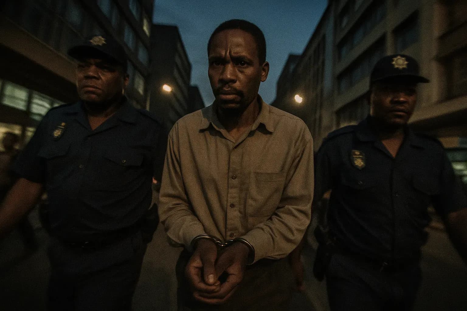 A figure resembling Moses Sithole is led in handcuffs by police through the streets of Johannesburg, capturing the uneasy tension surrounding his arrest after the notorious ABC murders.