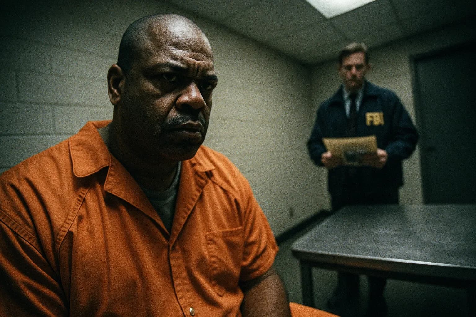 A figure resembling Len Davis in an orange prison jumpsuit stands in a sterile interrogation room, a blurred FBI agent holding a folder with evidence in the background.
