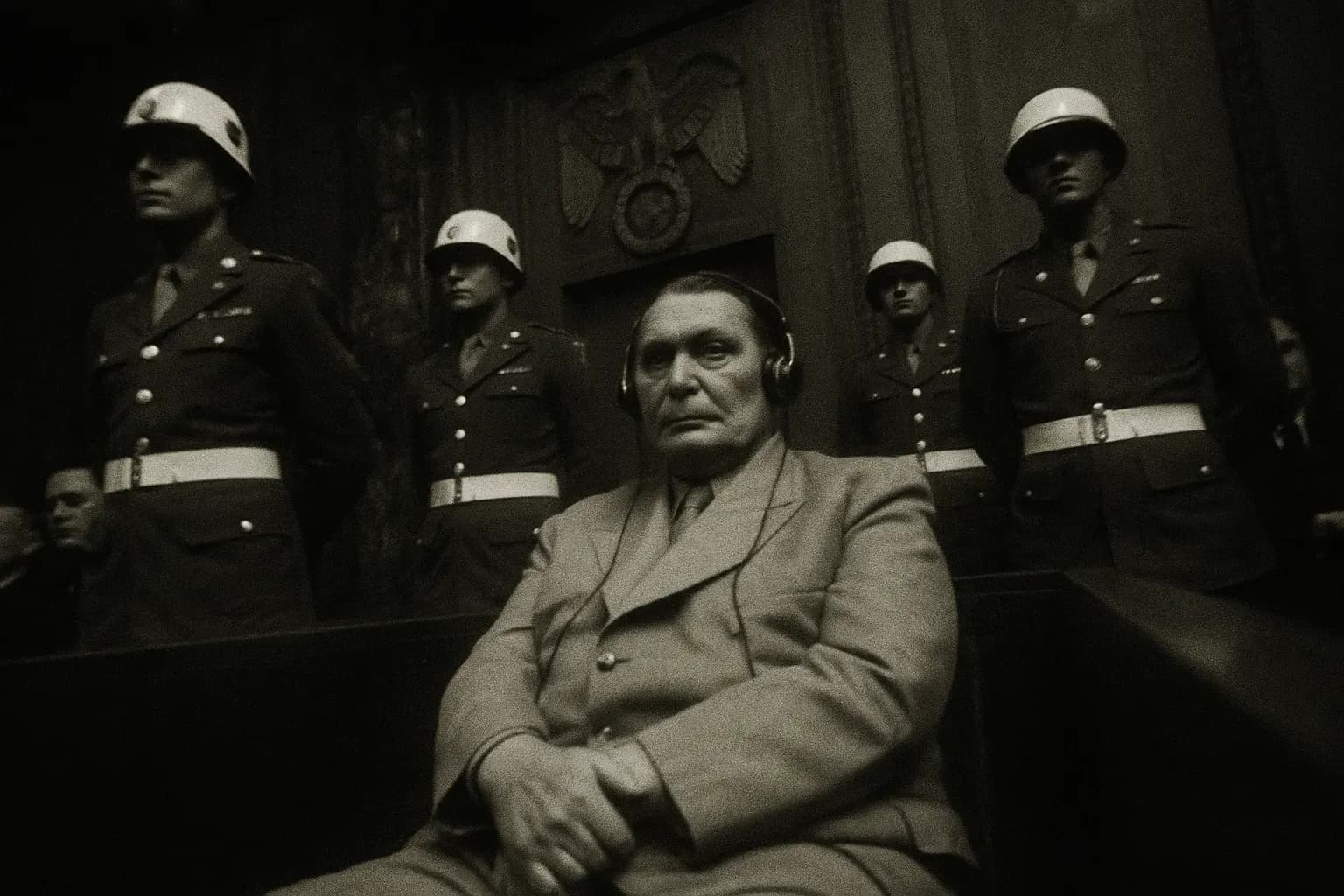 A figure resembling Hermann Göring sits in the defendant's dock at the Nuremberg Trials, surrounded by uniformed military personnel, the Nuremberg emblem subtly visible in the background.