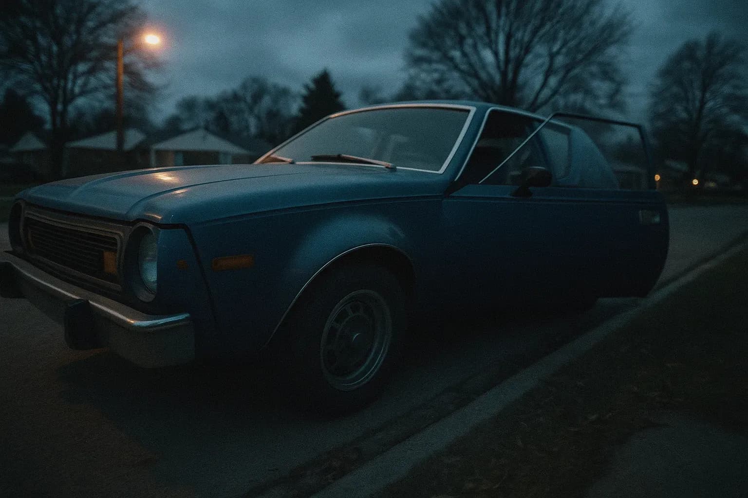 A blue AMC Gremlin parked on a suburban street in Oakland County, associated with the unsolved cases of four child murders, its door slightly ajar as if recently exited by an unknown driver.