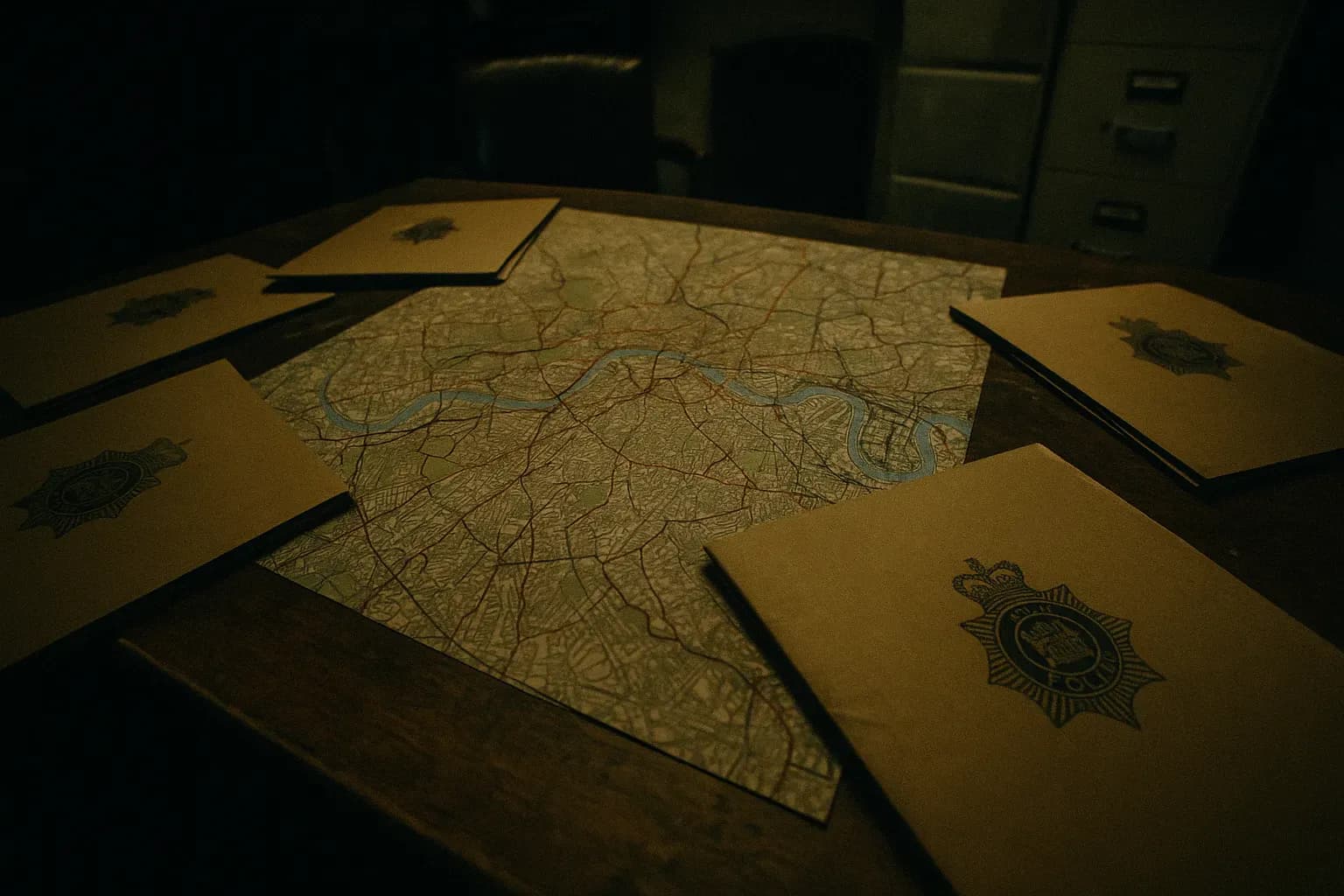 A desk in a dimly lit investigation room, scattered with folders marked with police insignia, alongside a map of London showing highlighted routes and locations connected to corruption activities
