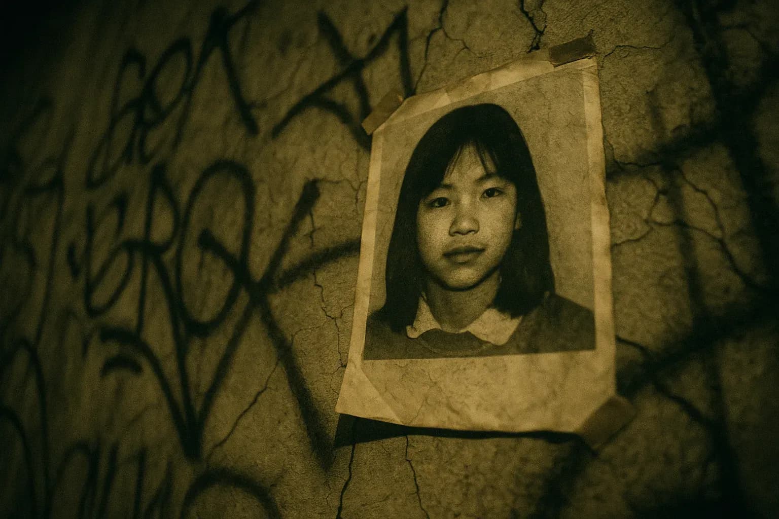 A faded missing person's poster of Karmein Chan taped to a cracked, graffiti-covered wall in Templestowe, symbolizing the enduring mystery of Mr. Cruel's unresolved case in Australia.