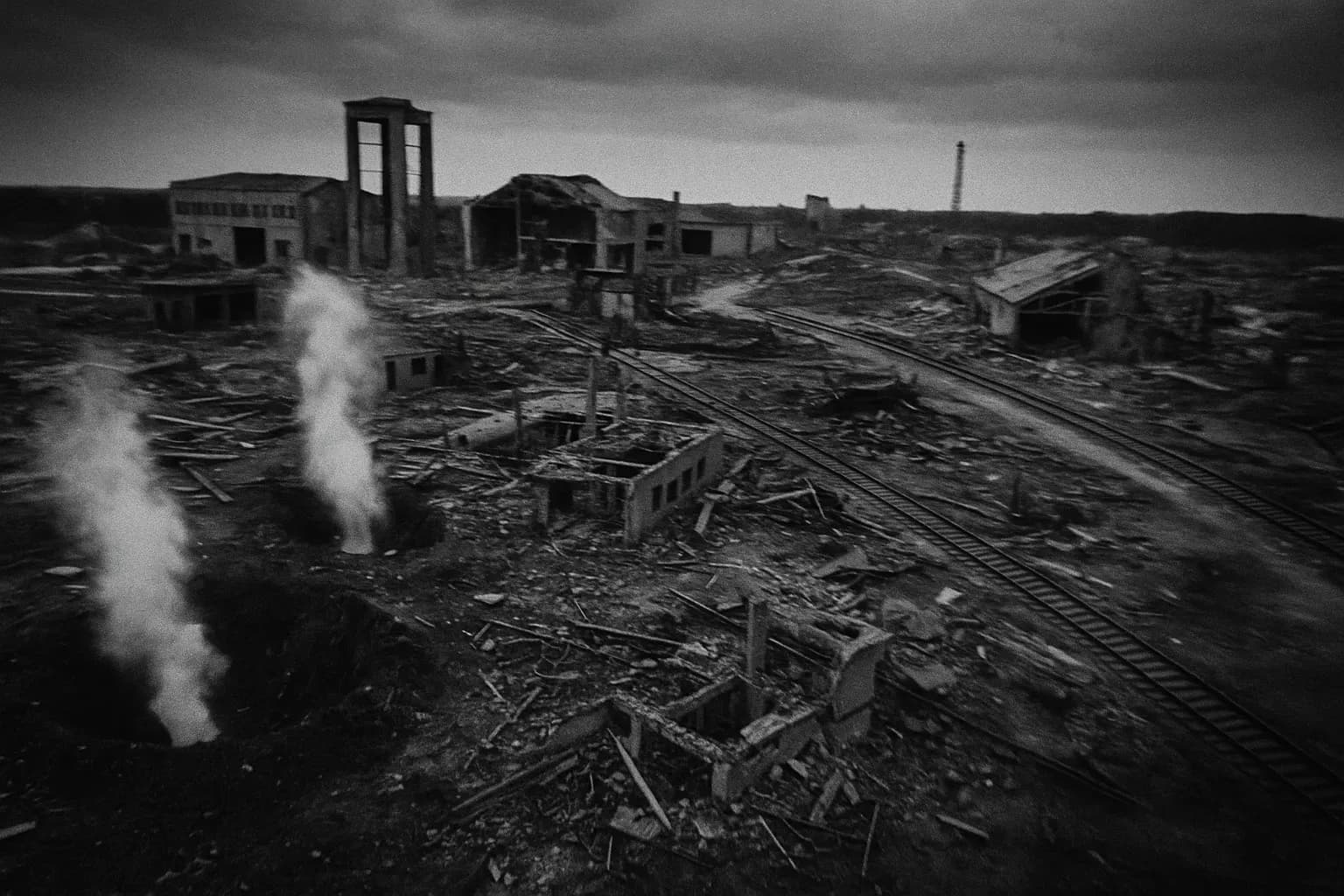 Aerial view of Peenemünde facility with smoke plumes rising from bomb craters, remnants of Nazi Germany's V-2 rocket program, amidst fragmented structures and debris, as seen from Allied reconnaissance.