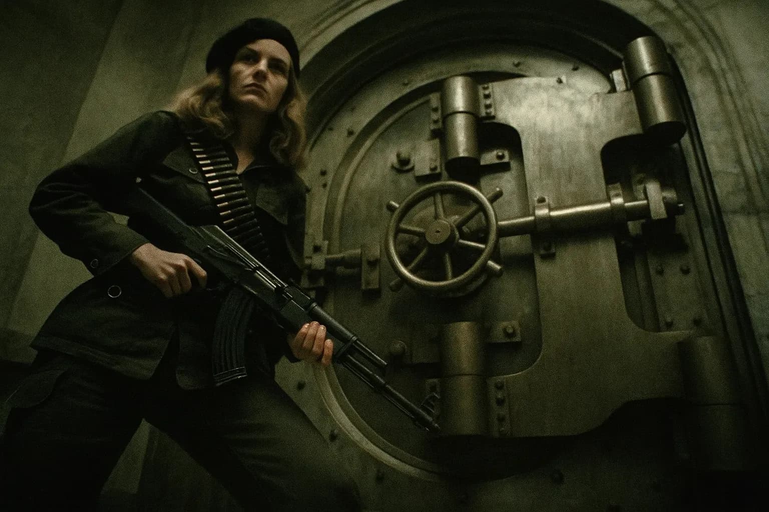 A figure resembling Patty Hearst, clad in guerrilla attire, stands defiantly beside a vintage bank vault, evoking her transformation into the SLA alias 'Tania' during the Hibernia Bank robbery.