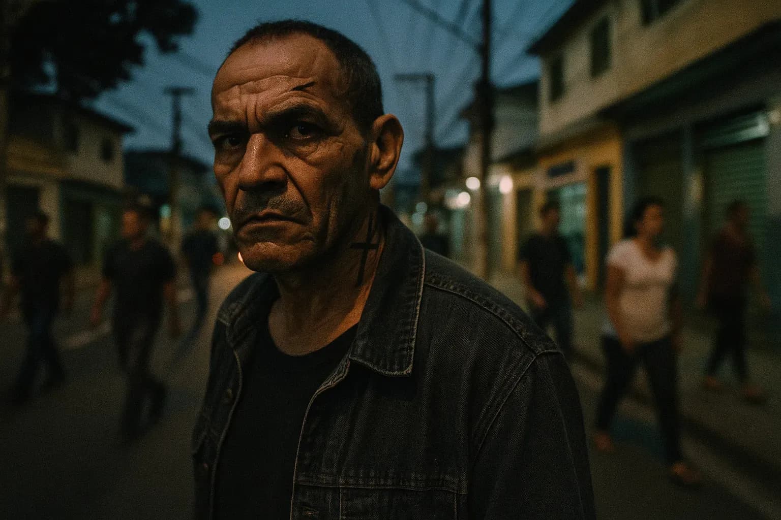 A figure resembling Pedrinho Matador stands near a blurred Brazilian street, his intense gaze reflecting a life of violence and revenge, as locals pass by unaware of the dark legacy he carries.