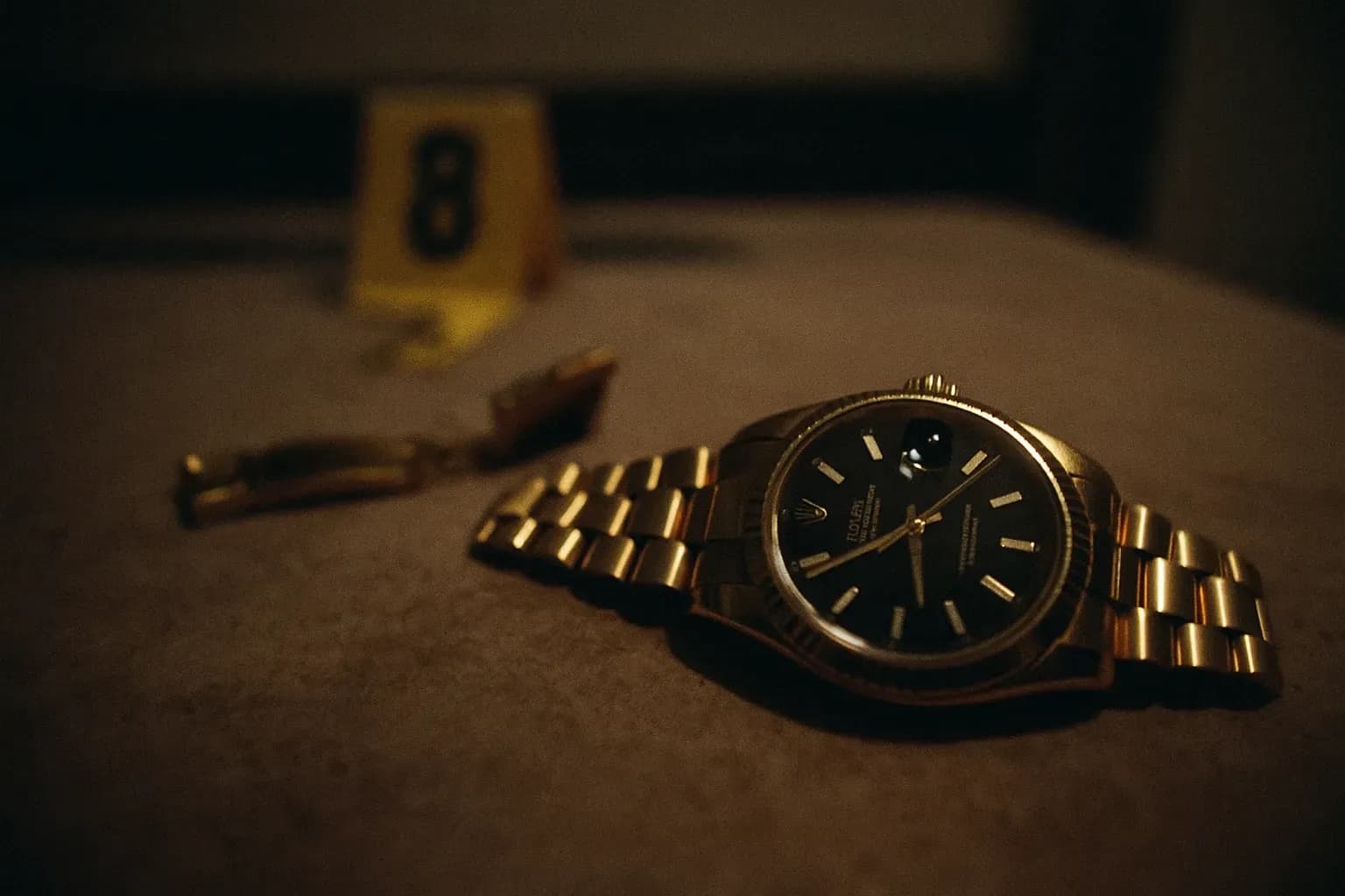 A gold Rolex watch with a broken strap lies on a crime scene evidence table, its face reflecting the dim light, symbolizing the murder investigation of rapper Pop Smoke after a fatal Hollywood Hills home invasion.